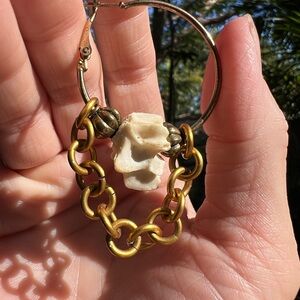 Gold and Cream Chain Hoop Earrings featuring Vertebral bone
